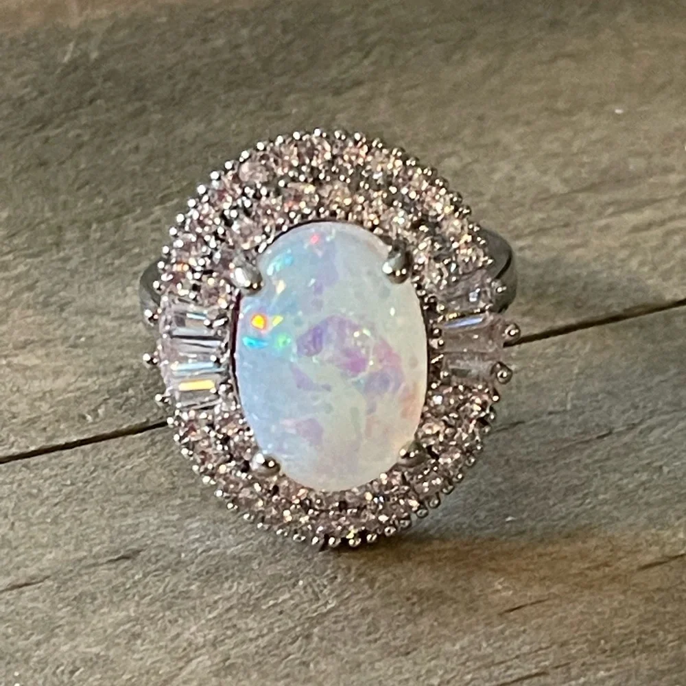 Fire Opal, Lab Created, Cubic Zirconia, Halo, Oval Cut Baguette Ring, Sz 7